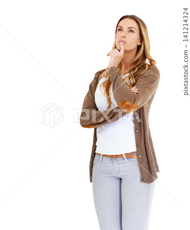 Woman, studio and mockup for idea, thought and fashion with wavy hair in cardigan with space. Female person, thinking and white background for style, decision and solution mood while brainstorming Woman, studio and mockup for idea, thought and fashion with wavy hair in cardigan with space. Female person, thinking and white background for style, decision and solution mood while brainstorming 141214324