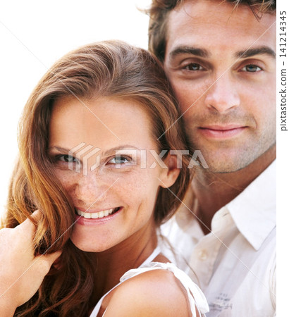 Happy, couple and love in closeup, portrait in summer outdoors on holiday with support in marriage. People smile and hug on vacation date with trust and care for relationship on honeymoon in Mykonos 141214345