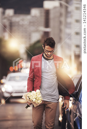 City, man and bouquet of flowers with walking for romance, love or kind gesture in New York. Male person, downtown and bunch of roses with idea for gift, planning or present on valentines day City, man and bouquet of flowers with walking for romance, love or kind gesture in New York. Male person, downtown and bunch of roses with idea for gift, planning or present on valentines day 141214346