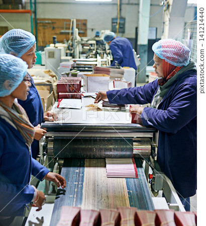Workers, printer and machine in factory for paper, system and industry for manufacturing and distribution. Woman, stock and control with production for assembly line, printing and supplier for job Workers, printer and machine in factory for paper, system and industry for manufacturing and distribution. Woman, stock and control with production for assembly line, printing and supplier for job 141214440
