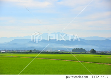 Ishikawa Prefecture: Summer scenery of the Hakusan mountain range and rice paddies. Ishikawa Prefecture: Summer scenery of the Hakusan mountain range and rice paddies. 141214507