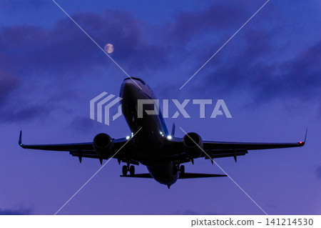 一架飛機正在降落,背景是月亮。 一架飛機正在降落,背景是月亮。 141214530