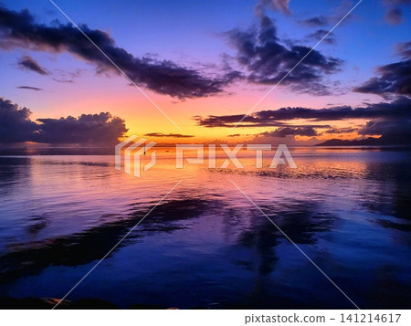 Atmospheric Twilight over Lake with Silhouette Trees Landscape Atmospheric Twilight over Lake with Silhouette Trees Landscape 141214617