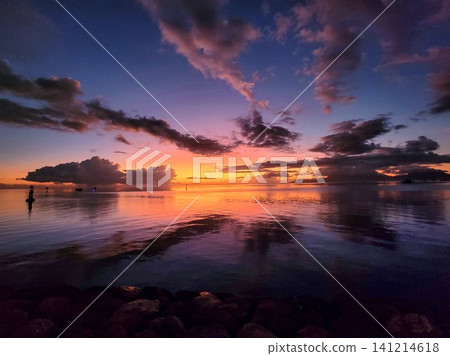 Atmospheric Twilight over Lake with Silhouette Trees Landscape Atmospheric Twilight over Lake with Silhouette Trees Landscape 141214618