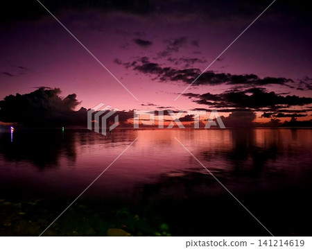 Atmospheric Twilight over Lake with Silhouette Trees Landscape Atmospheric Twilight over Lake with Silhouette Trees Landscape 141214619