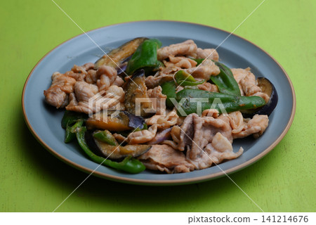 Stir-fried eggplant, green pepper and pork with miso Stir-fried eggplant, green pepper and pork with miso 141214676
