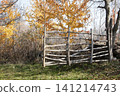 Wooden fence and autumn leaves 141214743