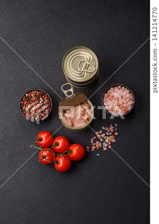 Fish, canned tuna chunks in brine for sandwiches and salads. Canned tuna 141214770