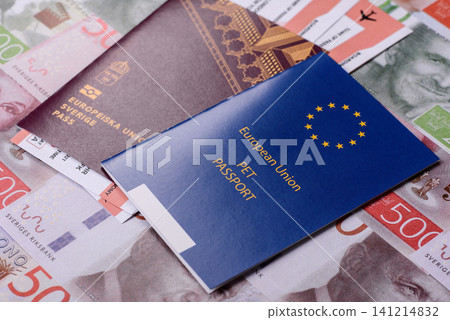 Sweden, swedish passport or id document with tickets for flight, travel. Swedish passport Sweden, swedish passport or id document with tickets for flight, travel. Swedish passport 141214832
