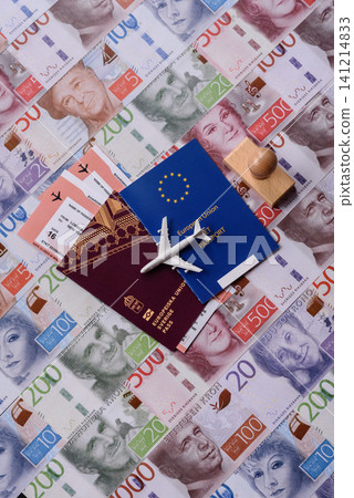 Sweden, swedish passport or id document with tickets for flight, travel. Swedish passport 141214833