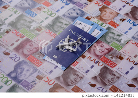 Sweden, swedish passport or id document with tickets for flight, travel. Swedish passport 141214835