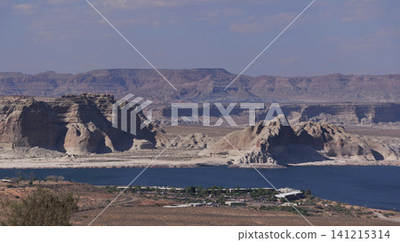 Panoramic views of Lake Powell resort hotels from the Waweep Overlook observation deck. Panoramic views of Lake Powell resort hotels from the Waweep Overlook observation deck. 141215314