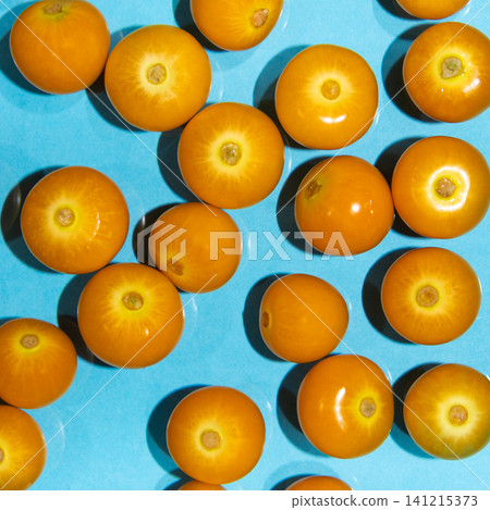 Top view of ripe physalis berries on a bright blue water background Top view of ripe physalis berries on a bright blue water background 141215373