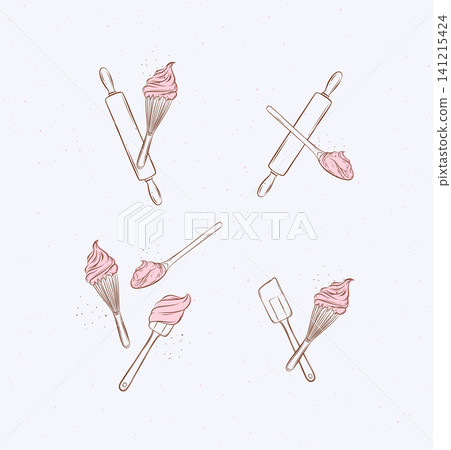 Bakery utensils illustration labels whisk, silicone spatula, pastry spoon, rolling pin drawing in graphic style on light background Bakery utensils illustration labels whisk, silicone spatula, pastry spoon, rolling pin drawing in graphic style on light background 141215424
