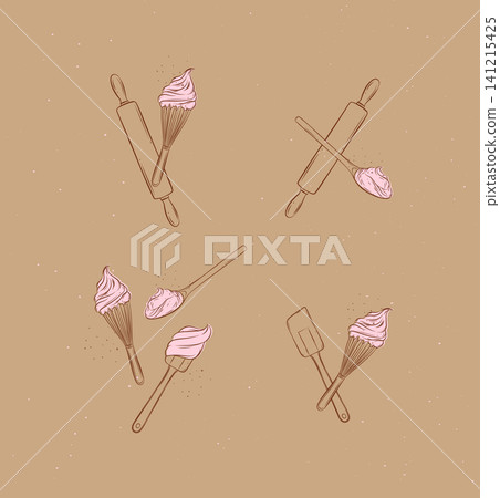 Bakery utensils illustration labels whisk, silicone spatula, pastry spoon, rolling pin drawing in graphic style on brown background 141215425