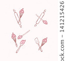 Bakery utensils illustration labels whisk, silicone spatula, pastry spoon, rolling pin drawing in graphic style on beige background 141215426