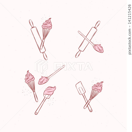 Bakery utensils illustration labels whisk, silicone spatula, pastry spoon, rolling pin drawing in graphic style on beige background Bakery utensils illustration labels whisk, silicone spatula, pastry spoon, rolling pin drawing in graphic style on beige background 141215426