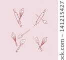 Bakery utensils illustration labels whisk, silicone spatula, pastry spoon, rolling pin drawing in graphic style on pink background 141215427
