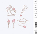 Bakery tools illustration labels mixer, pastry bag, whisk, silicone spatula, pastry spoon, dough, rolling pin drawing in graphic style on light background 141215428