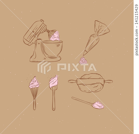 Bakery tools illustration labels mixer, pastry bag, whisk, silicone spatula, pastry spoon, dough, rolling pin drawing in graphic style on brown background Bakery tools illustration labels mixer, pastry bag, whisk, silicone spatula, pastry spoon, dough, rolling pin drawing in graphic style on brown background 141215429