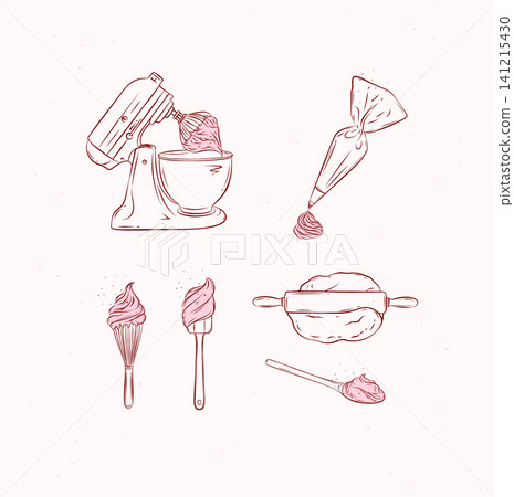 Bakery tools illustration labels mixer, pastry bag, whisk, silicone spatula, pastry spoon, dough, rolling pin drawing in graphic style on beige background Bakery tools illustration labels mixer, pastry bag, whisk, silicone spatula, pastry spoon, dough, rolling pin drawing in graphic style on beige background 141215430
