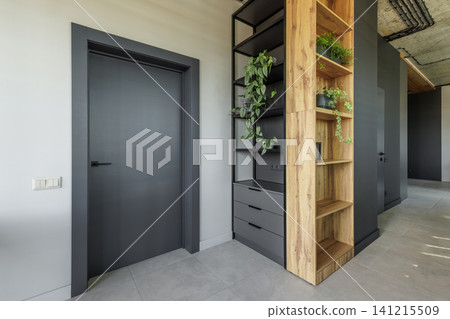 Modern Interior Hallway with Dark Grey Door and Wooden Shelving Modern Interior Hallway with Dark Grey Door and Wooden Shelving 141215509