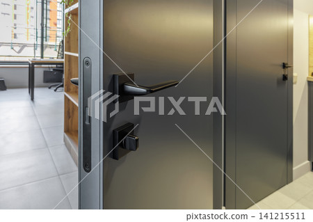 Close-up of Modern Matte Black Door Hardware on Grey Doors Close-up of Modern Matte Black Door Hardware on Grey Doors 141215511