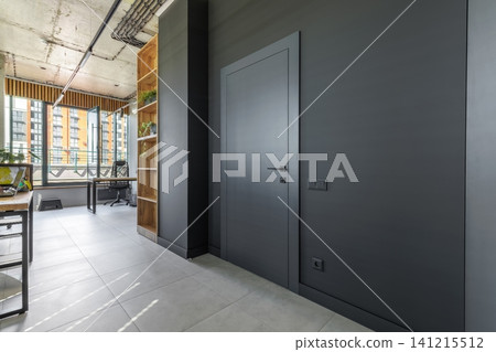 Modern Office Interior with Dark Grey Door and Industrial Design Modern Office Interior with Dark Grey Door and Industrial Design 141215512