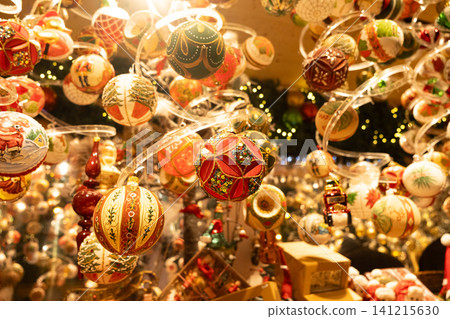 Beautiful Christmas baubles with traditional ornaments, cozy and warm Christmas card Beautiful Christmas baubles with traditional ornaments, cozy and warm Christmas card 141215630