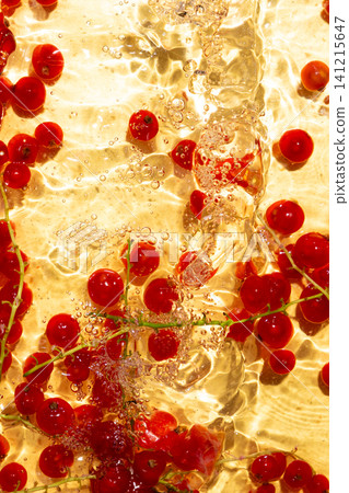 Vertical view of red currants in golden liquid splash, vibrant summer background Vertical view of red currants in golden liquid splash, vibrant summer background 141215647