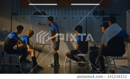 Teenage Footballer Explaining Strategy on Whiteboard to Coach and Team Teenage Footballer Explaining Strategy on Whiteboard to Coach and Team 141216312