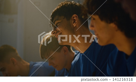 Sweaty Exhausted Teen Soccer Players Smiling and Talking in Locker Room Sweaty Exhausted Teen Soccer Players Smiling and Talking in Locker Room 141216318