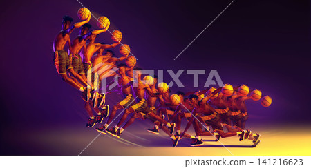 Basketball player completing jump shot through dramatic neon motion sequence. 141216623