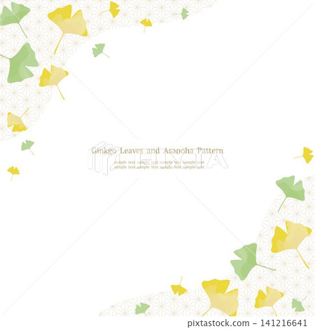 A Japanese-style frame featuring watercolor-style ginkgo leaves and hemp leaf patterns, perfect for autumn. White background, square shape. A Japanese-style frame featuring watercolor-style ginkgo leaves and hemp leaf patterns, perfect for autumn. White background, square shape. 141216641