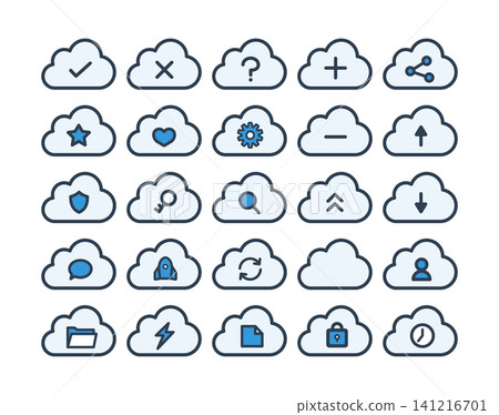 Cloud Icon Set of 25 Simple Line Drawing Illustrations - Blue 141216701