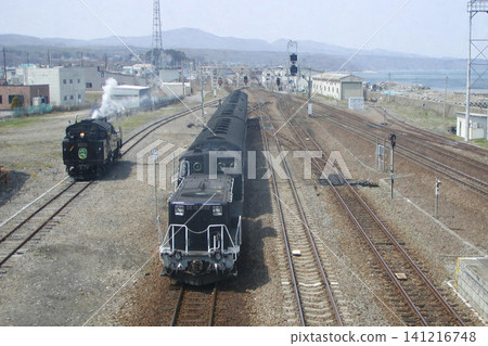 在大沼站鐵路貨場,一輛柴油機車 DE10 和一輛蒸汽機車並排停放。 在大沼站鐵路貨場,一輛柴油機車 DE10 和一輛蒸汽機車並排停放。 141216748