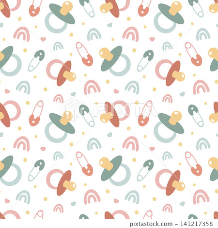 Seamless pattern with baby pacifier, safety pin, and rainbow. Cute background for newborn, nursery textiles, wrapping paper, and baby shower decorations. Decorative design with soft pastel color. 141217358