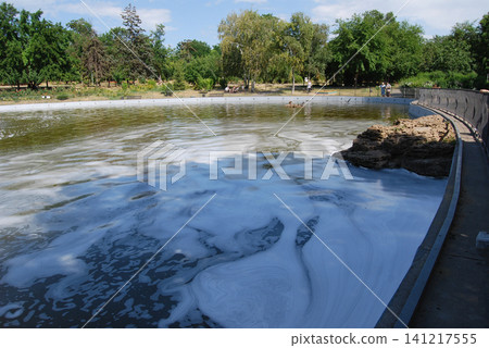 The foaming surface of the water of a public pond. The foaming surface of the water of a public pond. 141217555