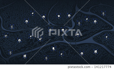 Dark City Map with Location Pins and Digital Points of Interest Markers for Navigation. Vector illustration. Dark City Map with Location Pins and Digital Points of Interest Markers for Navigation. Vector illustration. 141217774