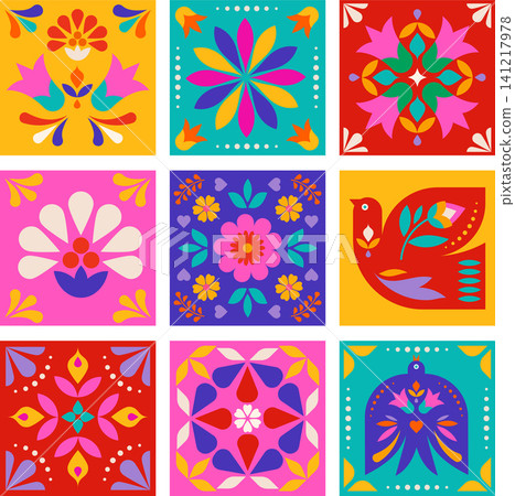 National Hispanic heritage month and Day of the Dead floral tiles background. Colorful vector National Hispanic heritage month and Day of the Dead floral tiles background. Colorful vector 141217978