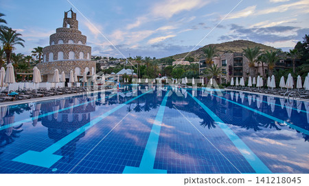 Bodrum, Turkey -June 4 2026: Selectum collection Bodrum is a 5 star all inclusive resort located in Akyarlar Turkey . Picture showing the prominent tower structure at the main pool area, Daylight shot Bodrum, Turkey -June 4 2026: Selectum collection Bodrum is a 5 star all inclusive resort located in Akyarlar Turkey . Picture showing the prominent tower structure at the main pool area, Daylight shot 141218045