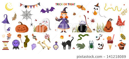 Halloween Vector Collection with Witch, Cauldron, Ghost, Pumpkins, Candy and Cute Holiday Elements Halloween Vector Collection with Witch, Cauldron, Ghost, Pumpkins, Candy and Cute Holiday Elements 141218089