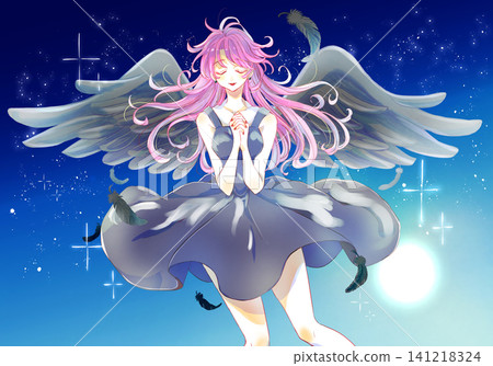 一位雙手交握於胸前的女性；黑色；翅膀；夜晚。 141218324