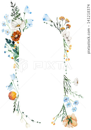 Watercolor oval frame with blue, ivory and orange wildflowers, illustration for wedding stationery Watercolor oval frame with blue, ivory and orange wildflowers, illustration for wedding stationery 141218374