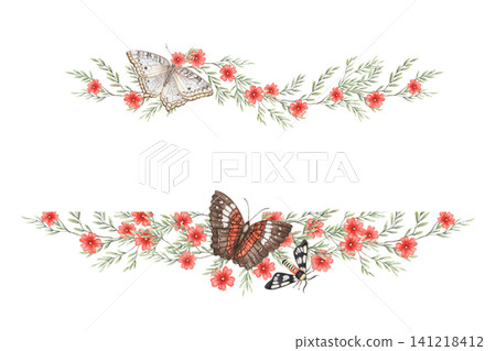 White and red butterflies with summer wild flower text divider. Hand drawn watercolor frame with copy space. Floral design for wedding greeting card. Tropical botanical template for vintage poster. White and red butterflies with summer wild flower text divider. Hand drawn watercolor frame with copy space. Floral design for wedding greeting card. Tropical botanical template for vintage poster. 141218412