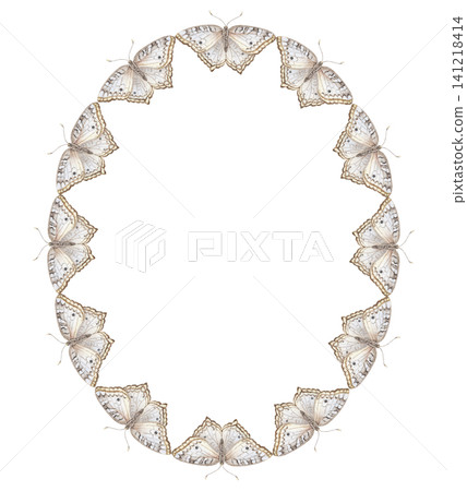 White Peacock butterfly oval frame. Hand drawn watercolor Anartia amathea insect with flying wings around ellipse copy space. Decorative wreath for wedding greeting card. Tropical botanical template. White Peacock butterfly oval frame. Hand drawn watercolor Anartia amathea insect with flying wings around ellipse copy space. Decorative wreath for wedding greeting card. Tropical botanical template. 141218414