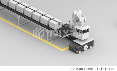 Robotic arm takes a box from a conveyor and places it on an AGV, 3d redner Robotic arm takes a box from a conveyor and places it on an AGV, 3d redner 141218489