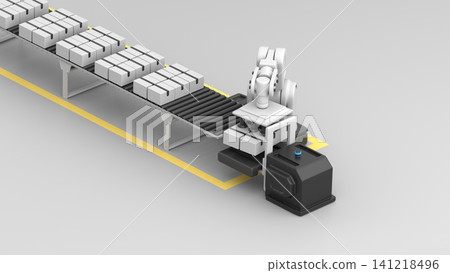 Robot hand with takes boxes from the pallet jack and place on the conveyor, 3d render Robot hand with takes boxes from the pallet jack and place on the conveyor, 3d render 141218496