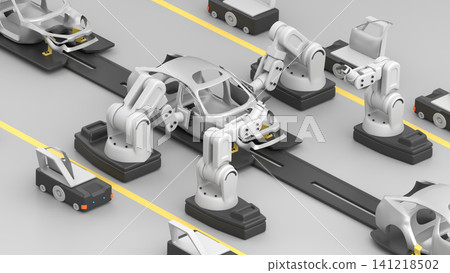 Robots picking up a car door and installing it on the frame, then welding it in place, 3d render Robots picking up a car door and installing it on the frame, then welding it in place, 3d render 141218502