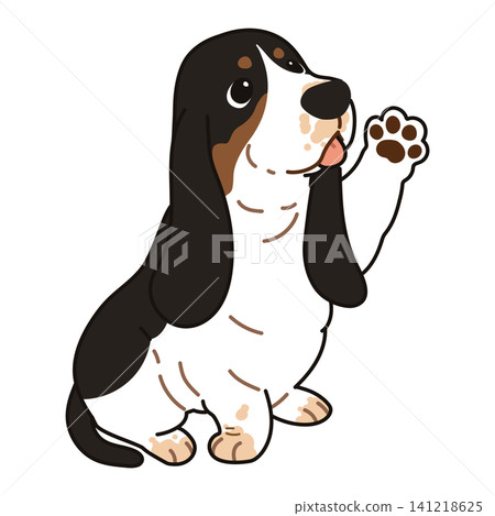 A simple and cute illustration of a tricolor Basset Hound waving its hand, with outlines. A simple and cute illustration of a tricolor Basset Hound waving its hand, with outlines. 141218625